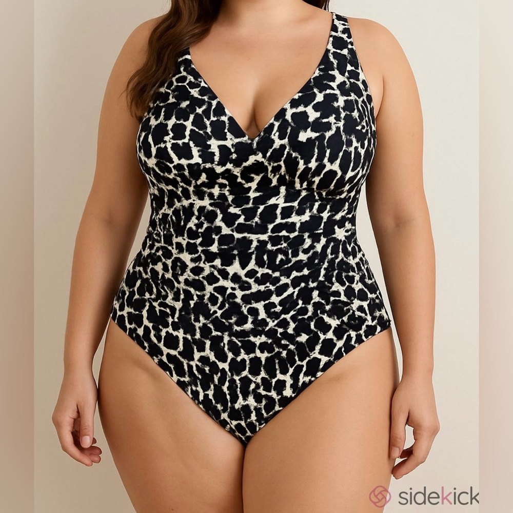 DKNY Black Cream Animal Print Ruffled Plunge Tummy-Control Swimsuit Size 16